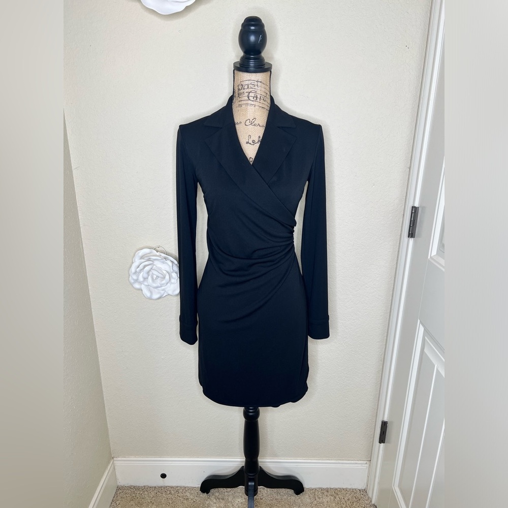 NTM: Express Pullover Wrap Style Tuxedo Look Long Sleeve Black Dress Sz 3/4 - Picture 2 of 14